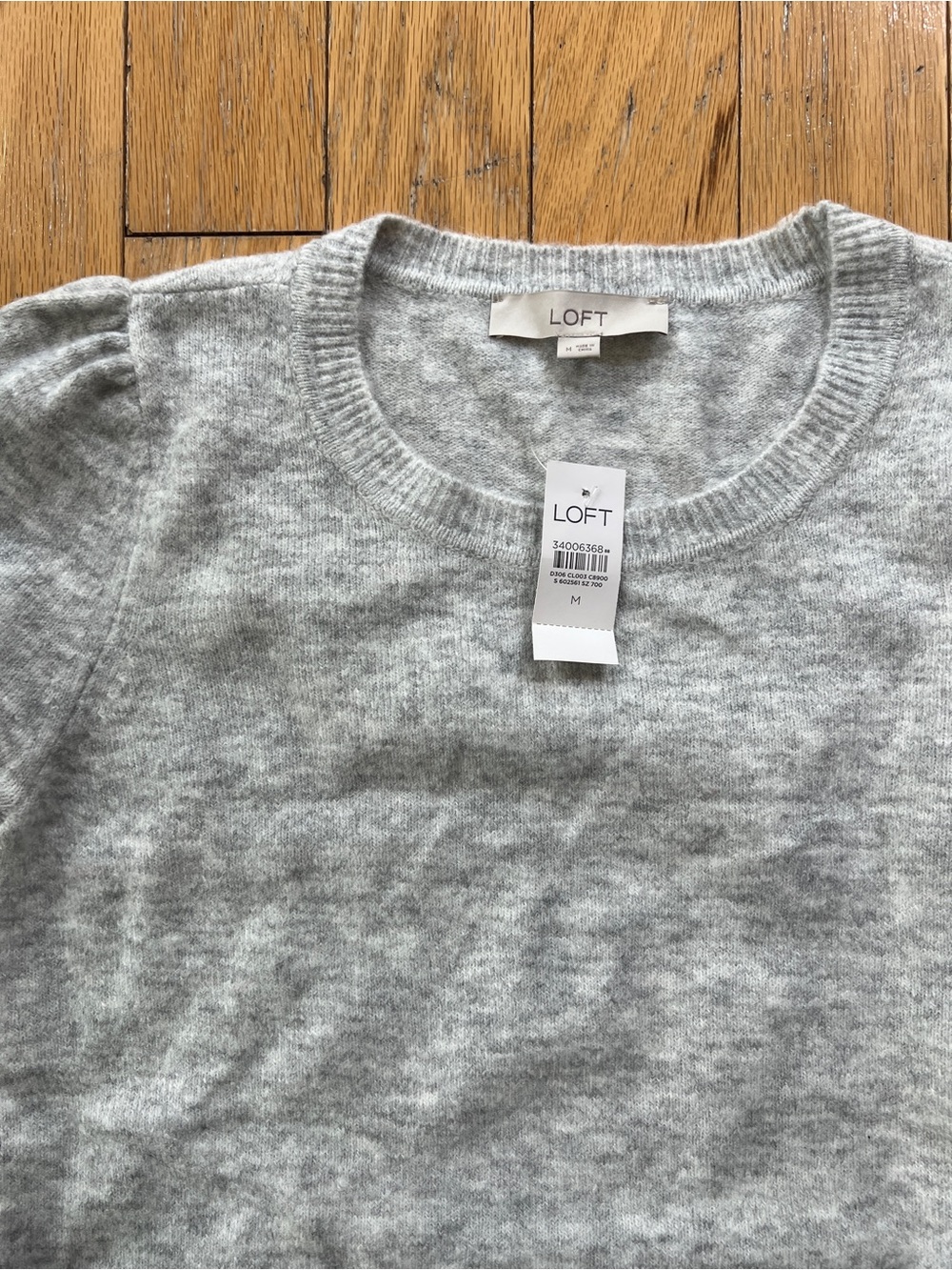 LOFT Light Gray Puff-Sleeve Knit Sweater - Picture 2 of 6